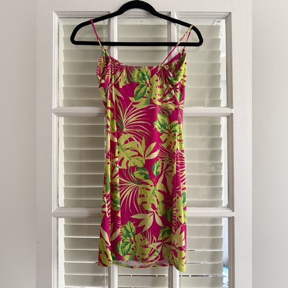 Tropical Pink and Green Leaf Print Mini Dress - Picture 3 of 4